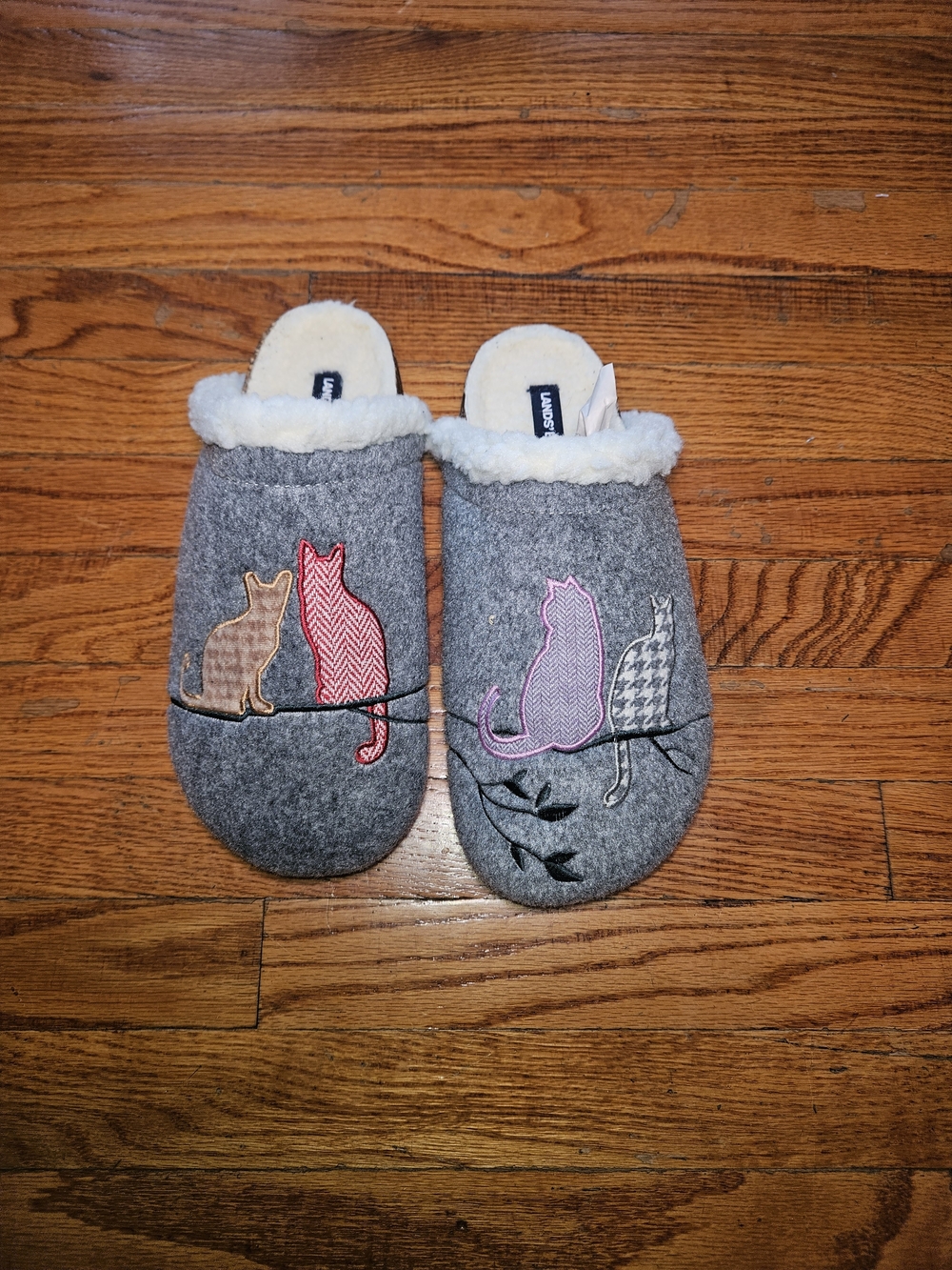 Lands End Cozy Cat-Embroidered Gray Slip-On Slippers
